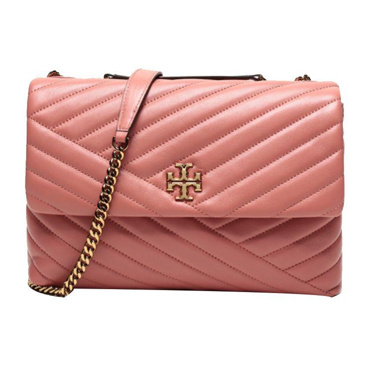 Tory Burch Kira Metal Logo Chain Houndstooth Quilted Lambskin Crossbody Bag Large Women Bags Coral 58465-238