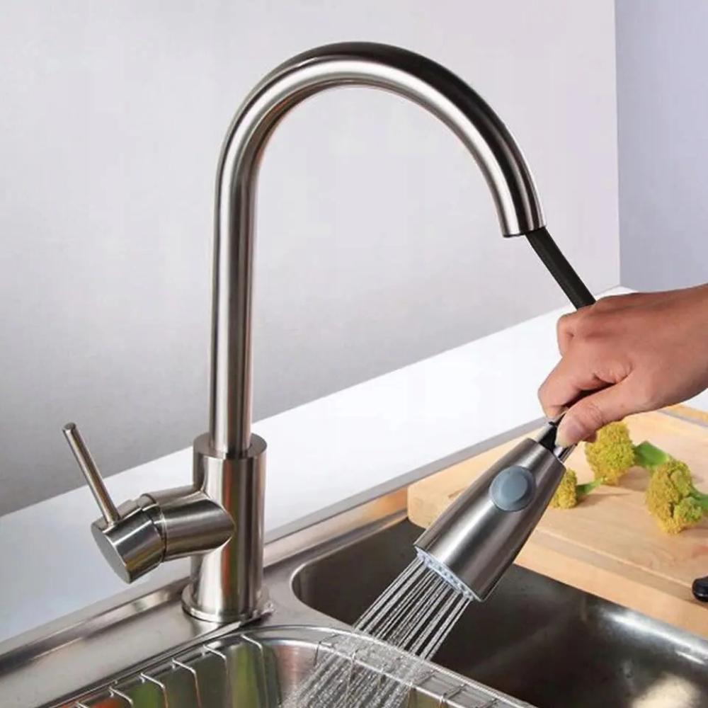 Kitchen tap with pull-out spout, stainless steel, flexible, movable, silver
