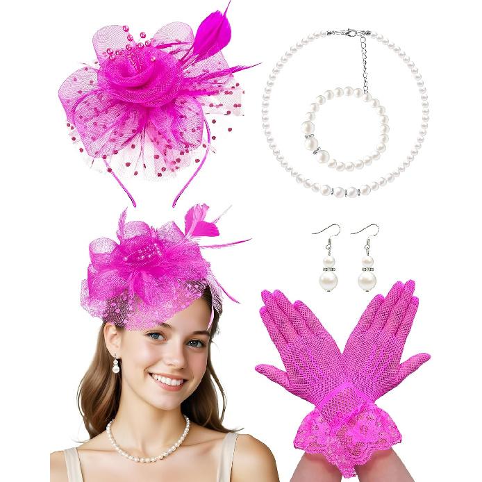 Fascinator Hat for Women Tea Party Headband Tea Party Headpiece and Lace Glove Set for Women 1920s Party