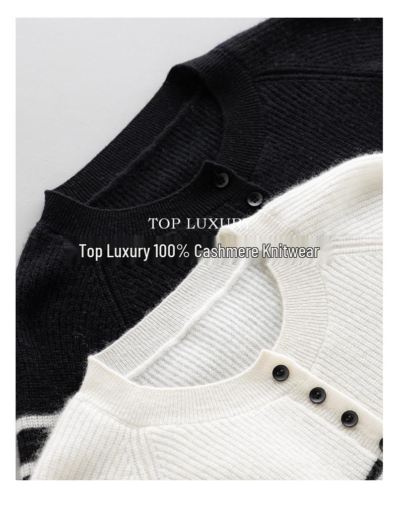 Women's 100% Pure Cashmere Striped Button-Up Raglan Sleeve Cardigan Sweater, Round Neck for Autumn/Winter