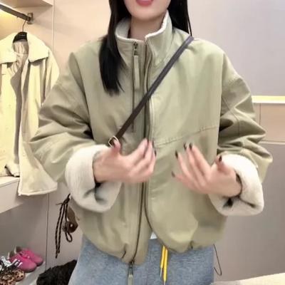 Женская короткая парка на двойной молнии со стойкой воротником, зимняя, новая, дизайн в корейском стиле, куртка из искусственной овчины, повседневная куртка