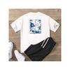 Japanese Crane and Buildings Printed Pattern Men's T-shirt Summer New Breathable Trend Casual Cotton Short Sleeved Men's T-shirt