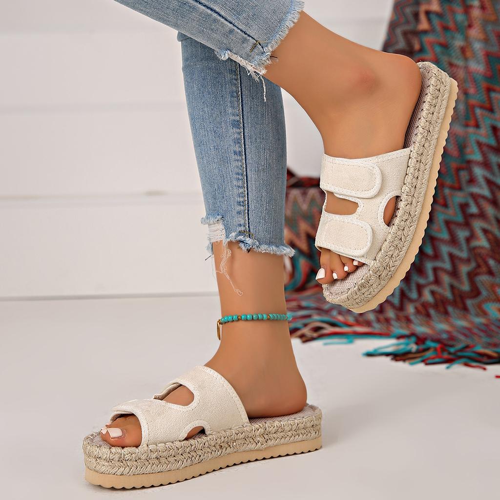 Повседневная нескользящая уличная обувь, шлепанцы на толстой подошве, женские 2025 лето, новинка, нишевые шлепанцы на липучке, с подошвой из пеньковой веревки, прохладные шлепанцы с перемычкой