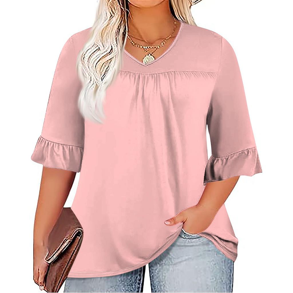 Женская модная повседневная однотонная футболка с v-образным вырезом и принтом, плиссированная футболка с рукавами семь минут, топы больших размеров
