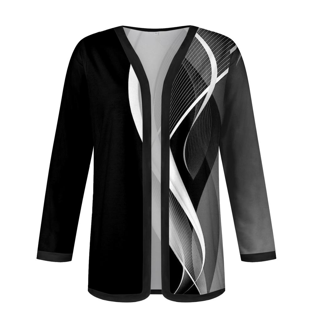 Женский осенне-зимний черный кардиган с длинными рукавами и принтом в стиле пэчворк