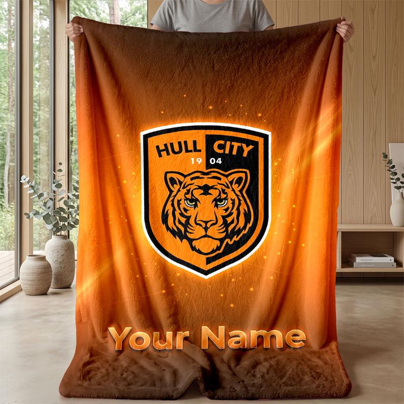 Hull City Custom Name Text Flannel Blanket Soccer Logo Personalized Fleece Throw Blanket Special Gift For Sofa Bedroom Home