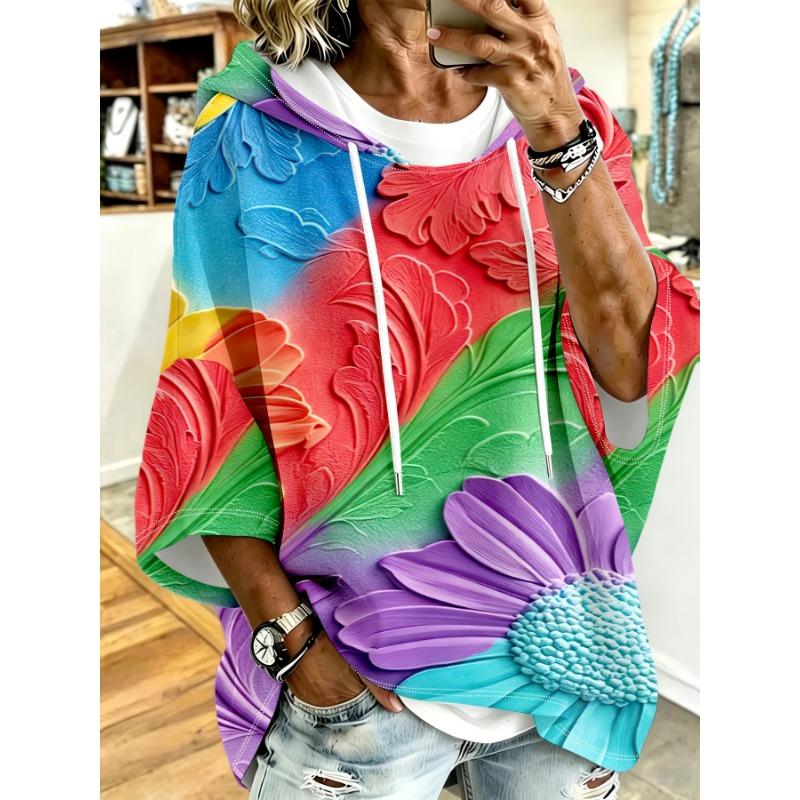White Daisy Texture Loose Drop Sleeve Hoodie
