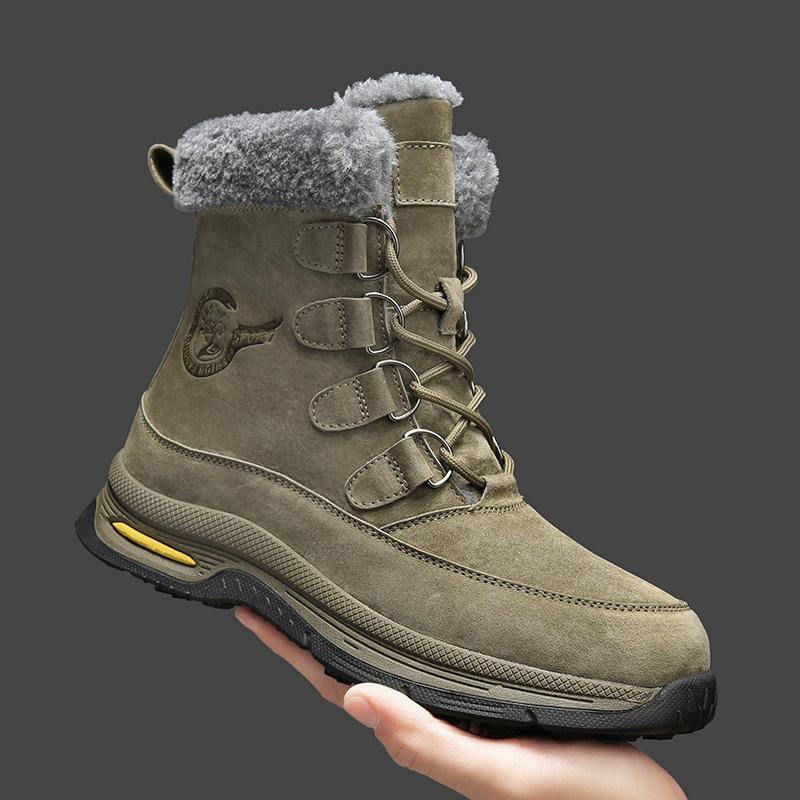 Real Leather Men's Snow Boots with Fleece for Winter Insulation and Warmth, Thick Soled Outdoor Men's Shoes, High Top Boots, Cotton Shoes