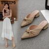 Женская обувь из мягкой кожи с острым носком, женские нескользящие удобные сандалии на среднем толстом каблуке, тапочки, обувь