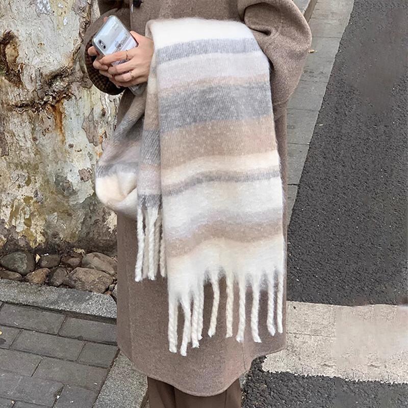 Scarf women's winter high-end sense, colored fluffy fringed large shawl, warm and versatile atmosphere, striped scarf