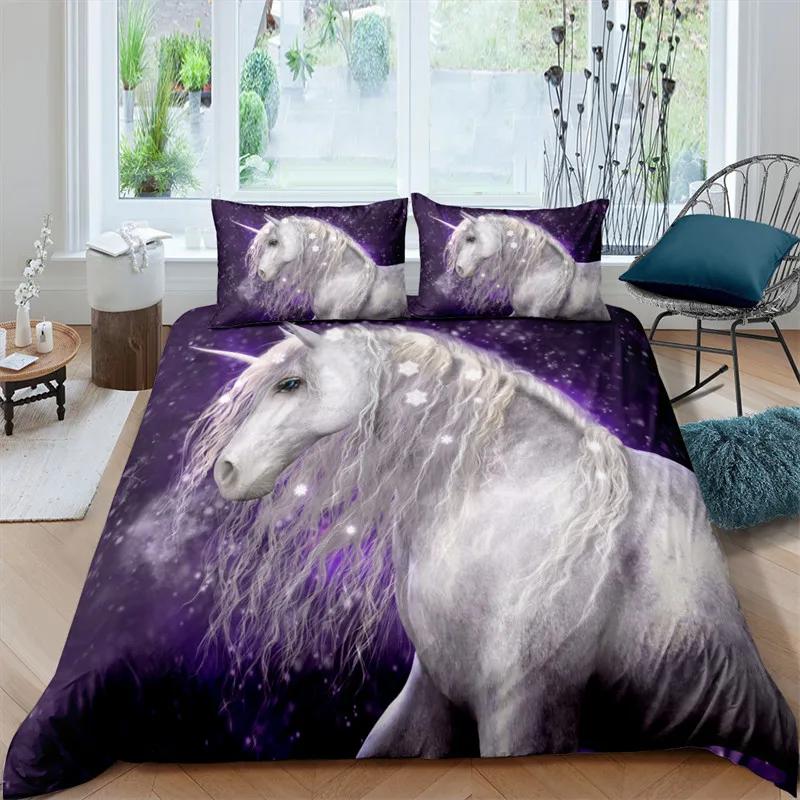 Пододеяльник с изображением лошади белого дракона и единорога, комплект постельного белья для подростков и детей, микрофибра, одеяло в стиле вестерн-ковбой с наволочками