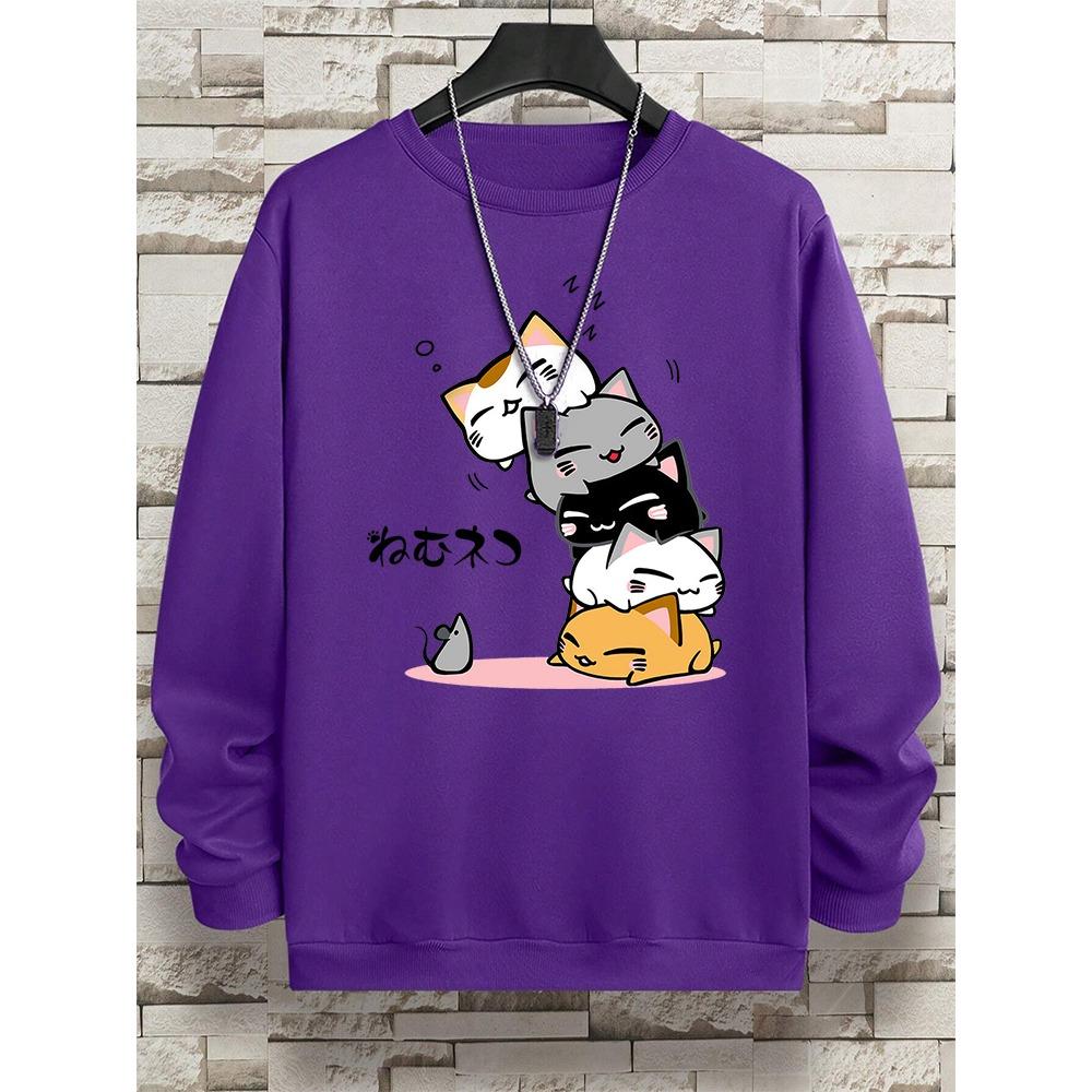 Милые кошки, одежда для сна, мужская толстовка с капюшоном и круглым вырезом, винтажные повседневные свободные толстовки с капюшоном, свободная одежда