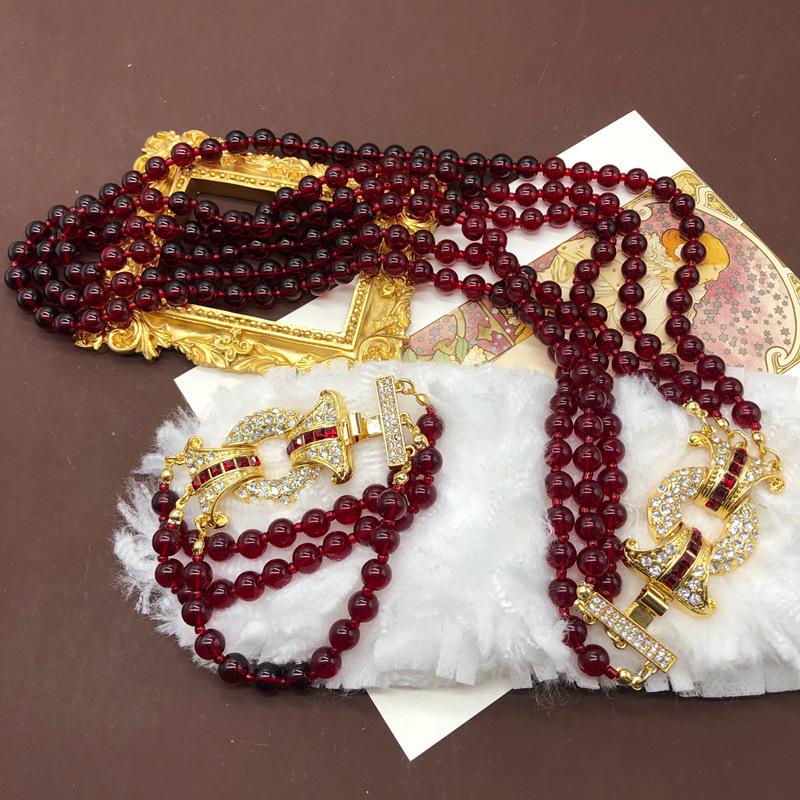 Винтажная многослойная цепочка для свитера из гранатово-красных стеклянных бусин и ожерелье-браслет со стразами