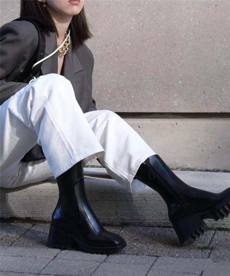 Роскошные женские ботильоны до щиколотки с квадратным носком, ПВХ резиновые сапоги для женщин на массивном каблуке, резиновые ботинки челси, женская обувь для дождя на толстой подошве