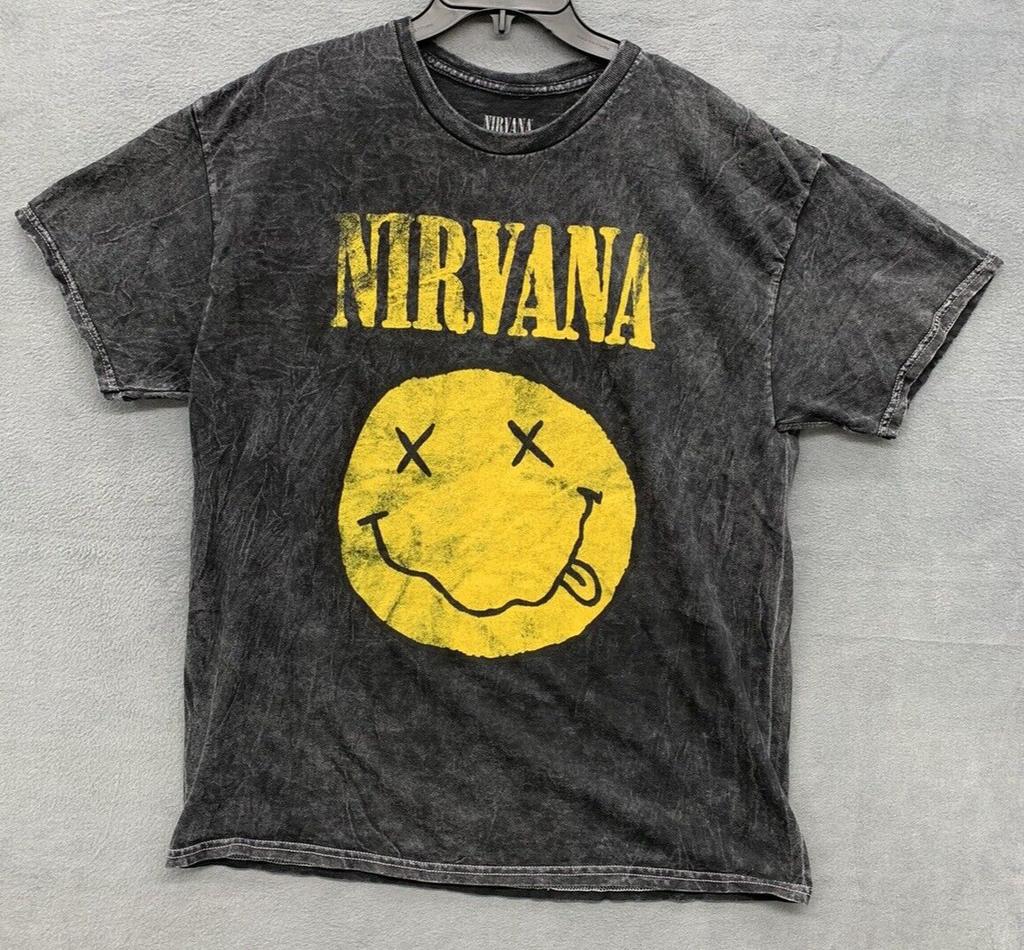 Nirvana Graphic Tee T-Shirt Mens XL Black Stonewash Smiley Face Logo Crew Neck