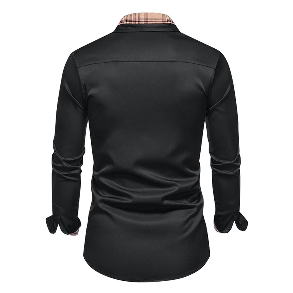 Мужская осенняя рубашка свободного покроя с длинным рукавом в клетку с цветными блоками на пуговицах