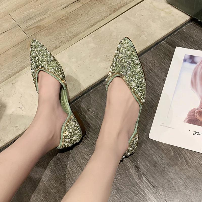 Модные блестящие хрустальные балетки женские 2024 новые мягкие туфли для вечеринок с жемчугом женские роскошные блестящие туфли для мам со стразами