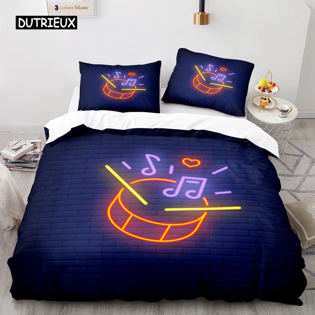 Drum Kit Duvet Cover Set Classical Music Comforter Cover Musical Instrument Lightning Pattern Quilt Cover for Kids Boys Teens