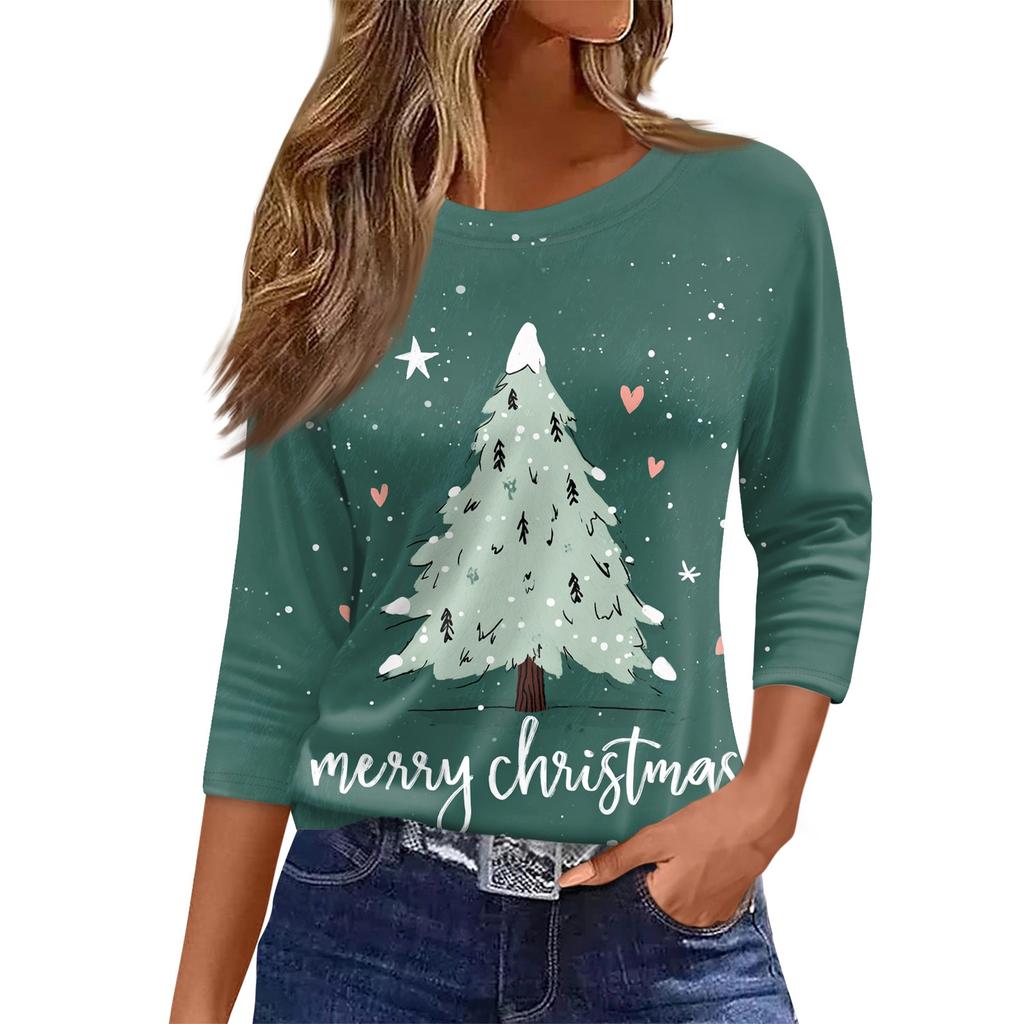 Женский топ с круглым вырезом и рукавом 3/4 с рождественским принтом