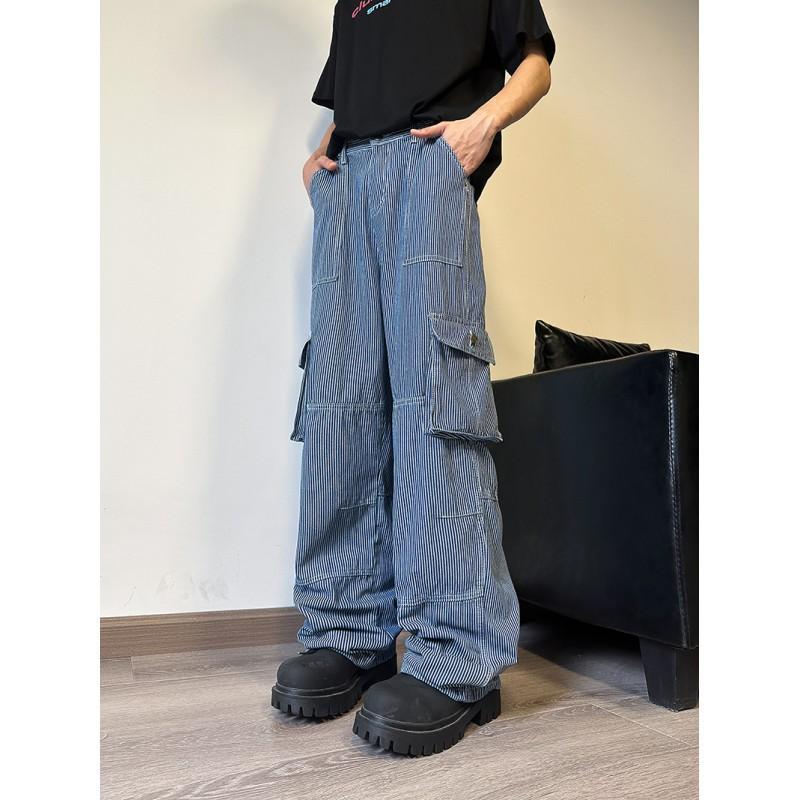 24FW Mens Striped Denim Jeans Loose Fit Plus Size Casual Workwear Trousers