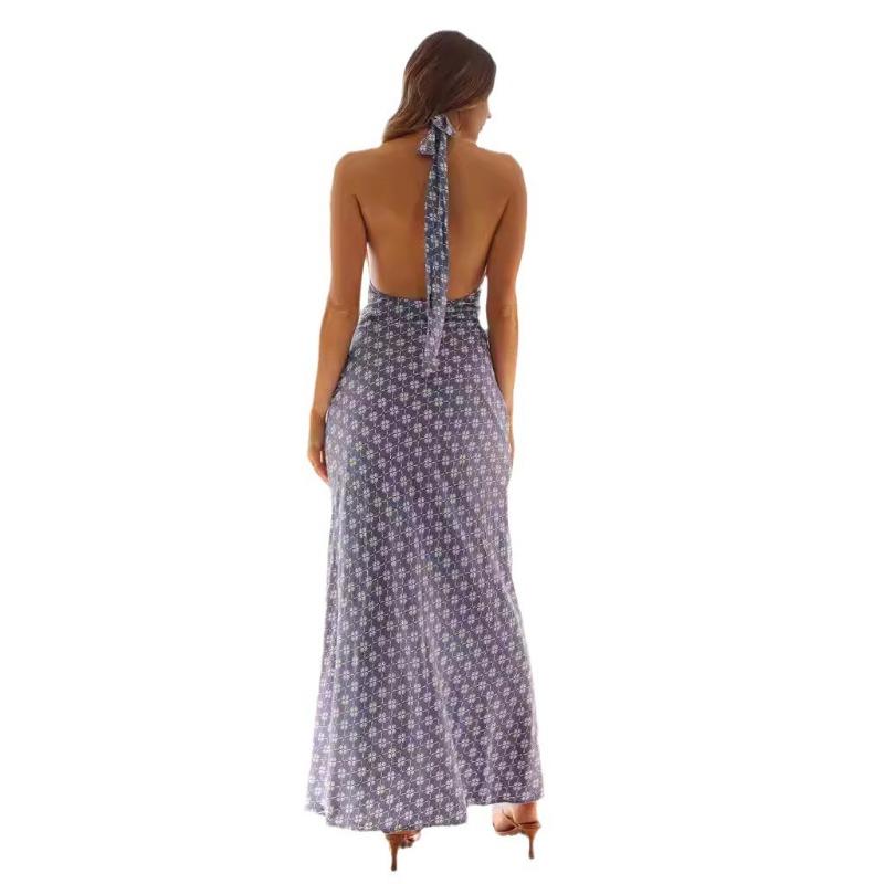 Женское платье весна/лето с V-образным вырезом и высокой талией, сексуальное с принтом, халтер, длинное платье