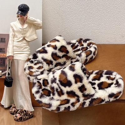 Леопардовый принт Cross Open Toe Осень-зима женские пушистые тапочки теплые домашние удобные нескользящие тапочки на платформе