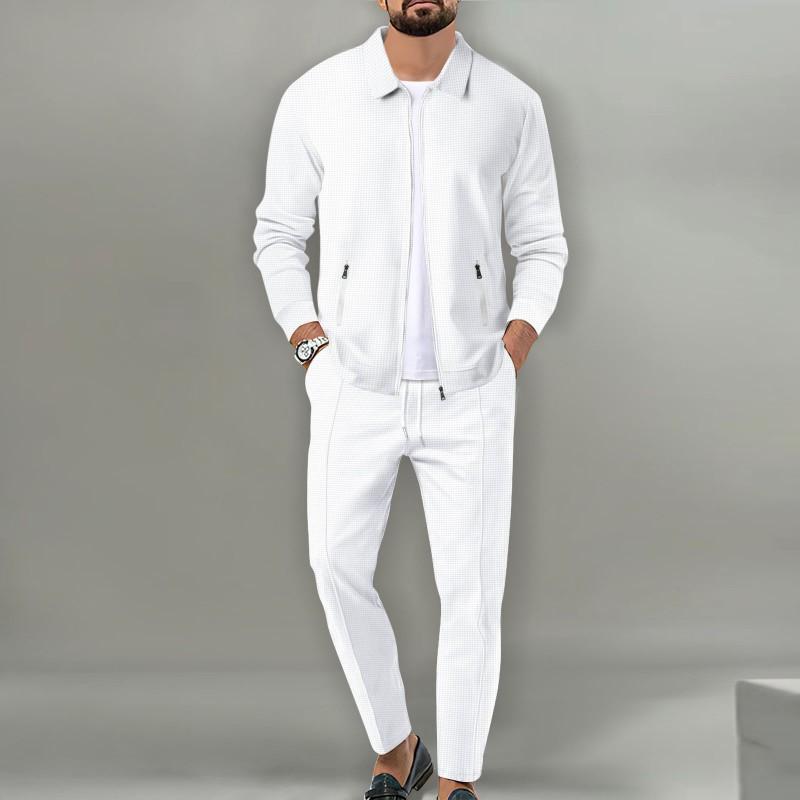 Mens Slim Fit Zip-Up Jacket With Collar Pocket Matching Pants Set Casual Sportwear
