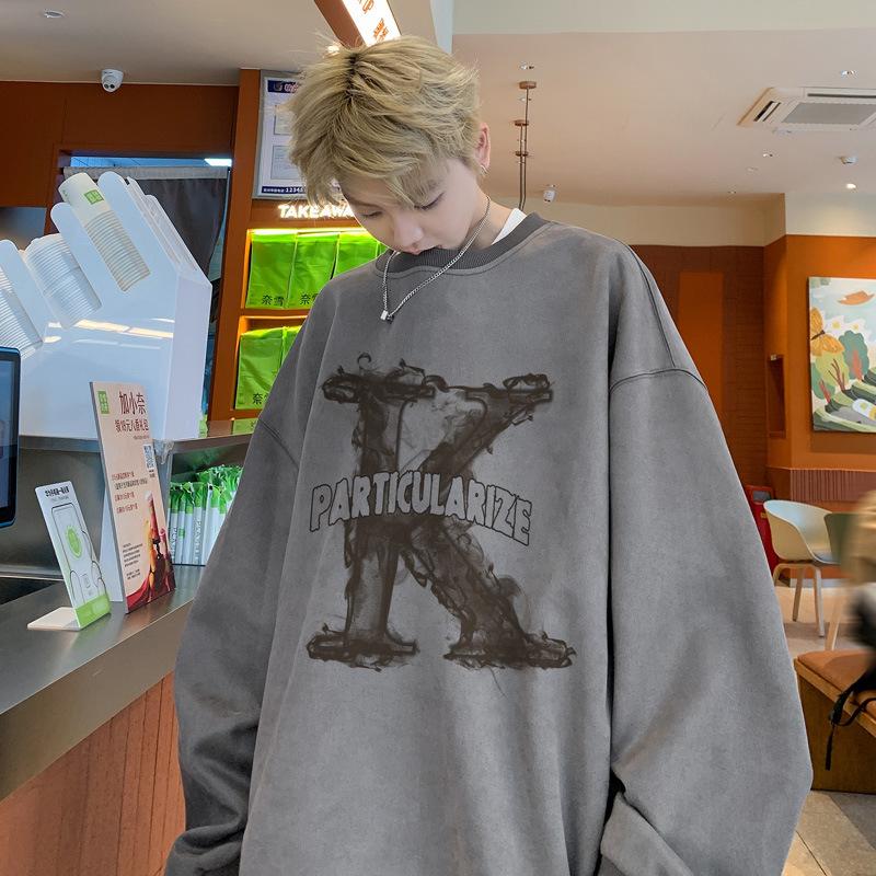 Свитер мужской весна-осень свободный большой размер мужская нижняя рубашка трендовая принтованная куртка с длинным рукавом