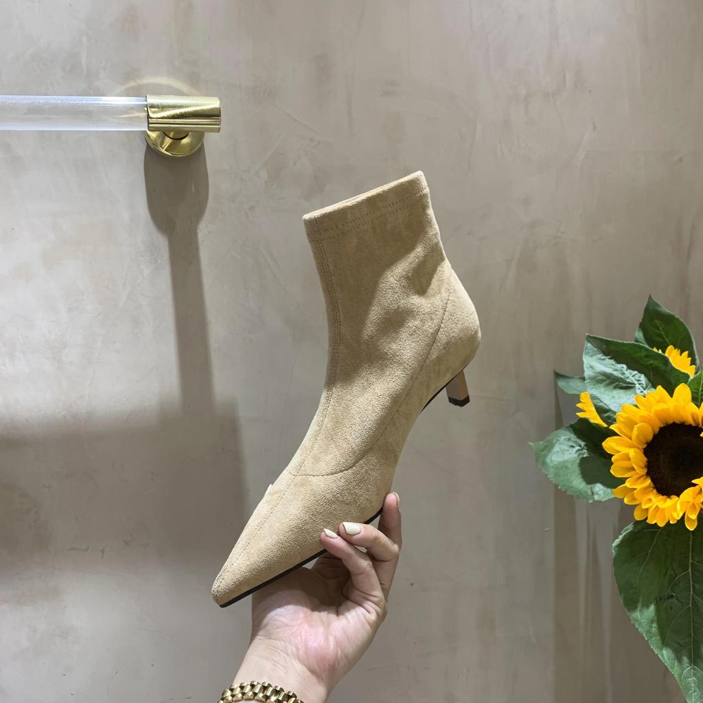 Винтажные ботильоны женские туфли модные с острым носком осень-зима на низком каблуке женские элегантные эластичные узкие короткие сапоги из флока