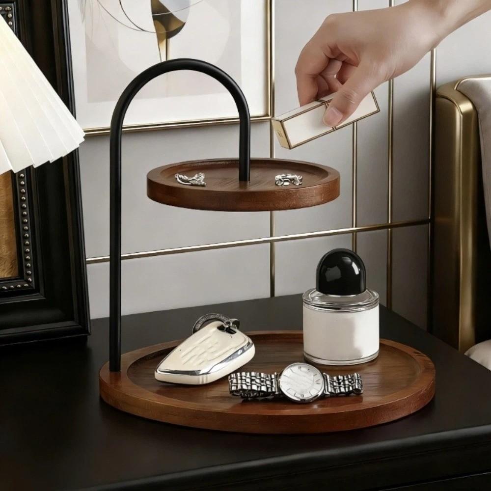 Wooden Serving Tray Stand Double Layer Decorative Jewelry Display Stand Space Saving Large Capacity Key Storage Rack