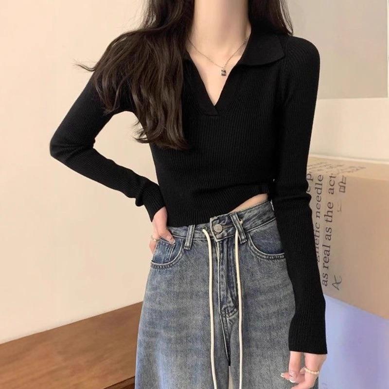 Spring Niche Temperament Elastic Slim and Thin Versatile Long-sleeved Lapel Bottoming Knitted Sweater Women