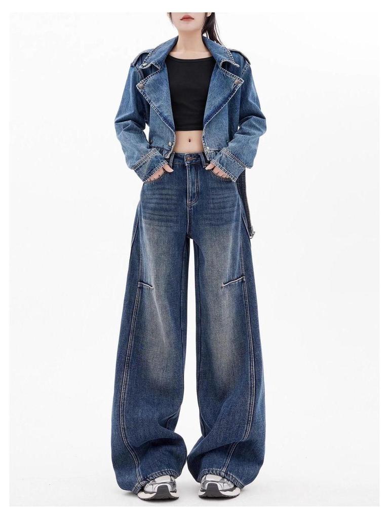 Women's Retro Ripped Wide-Leg Jeans - Floor-Length, Loose Fit for Early Spring