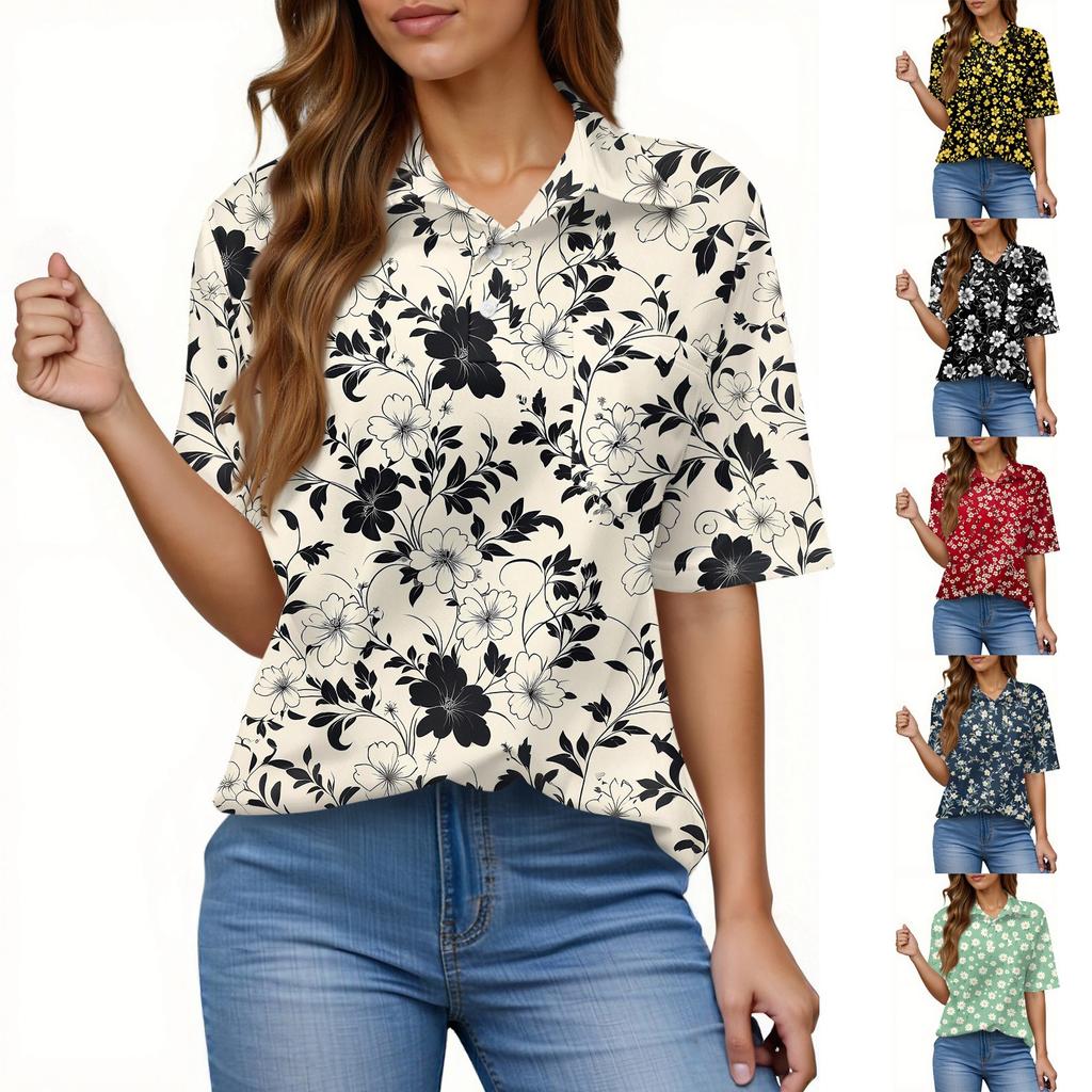 Women's Fashion Casual Button Pocket Shirt Short Sleeve Print Lapel Top