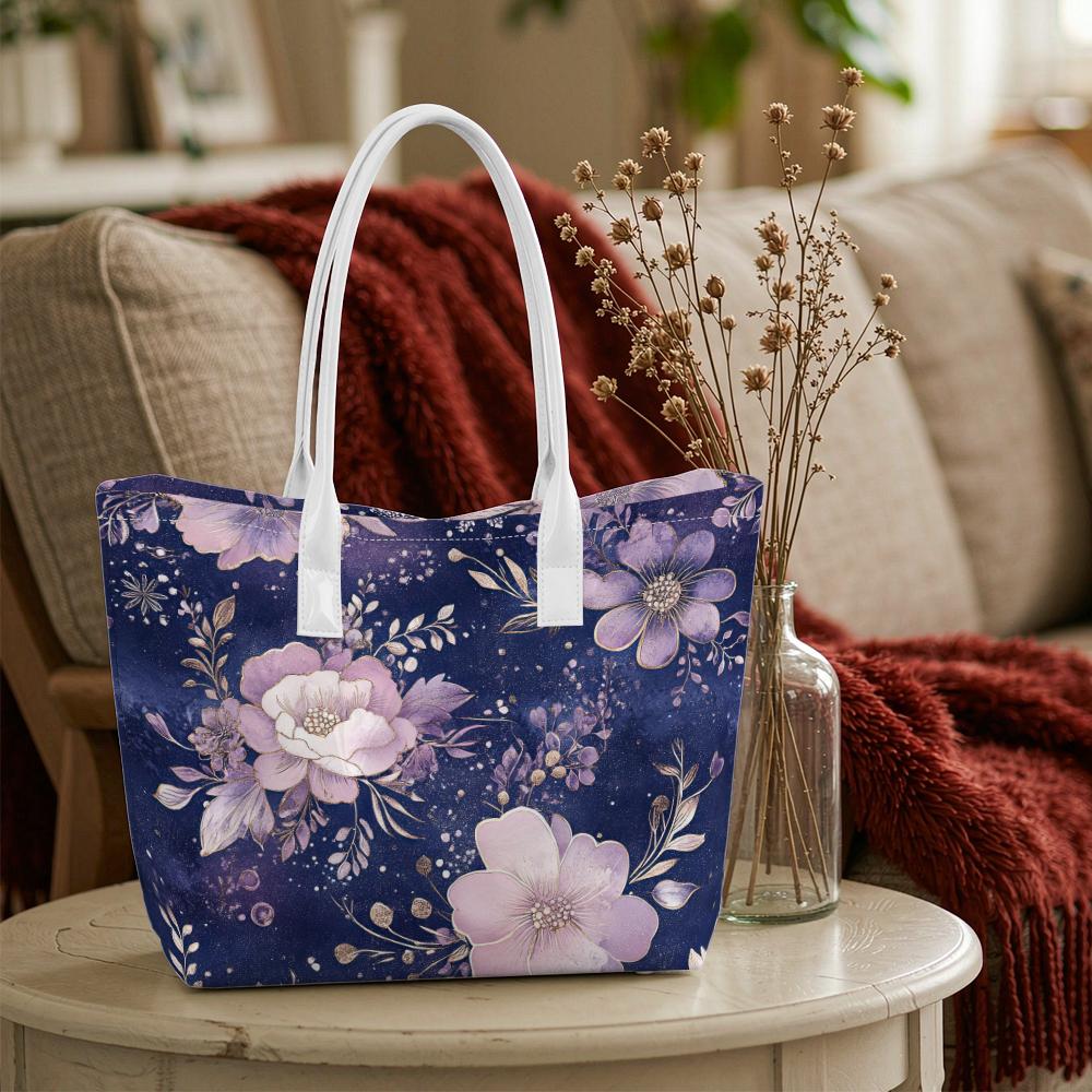 Purple Floral Tote Bag Elegant Stylish Casual Large Capacity Handbag for Daily Use