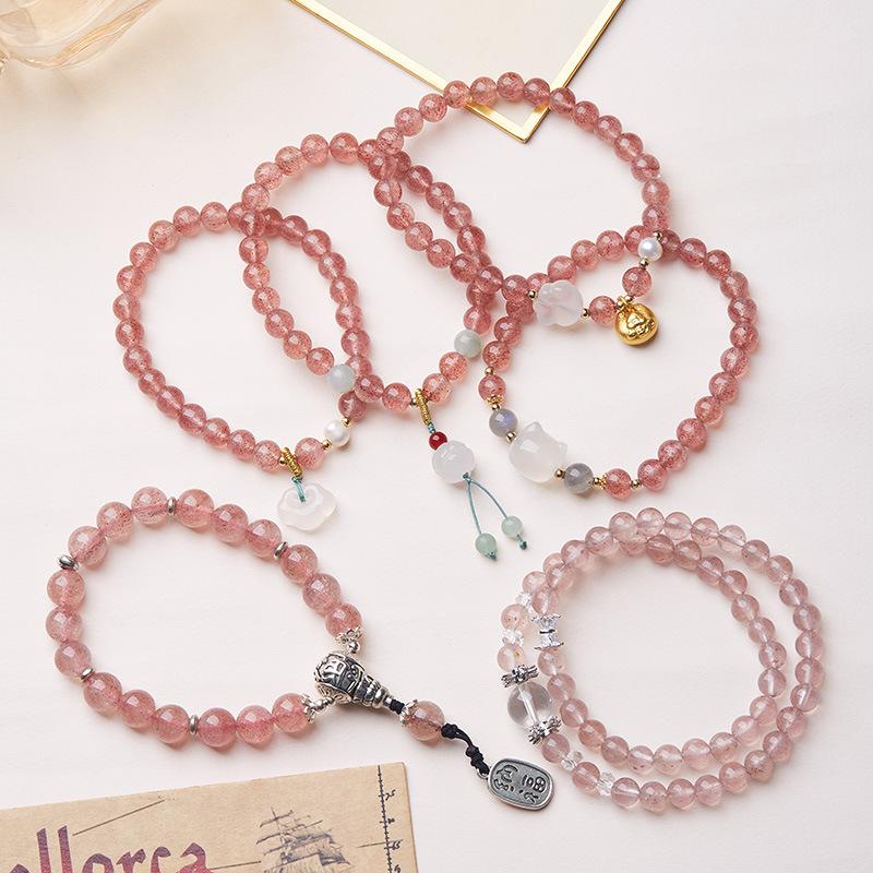 Popular on Xiaohongshu: Natural Strawberry Crystal Bracelet for Women, New Chinese Style, High-end Pink Crystal Bracelet, Perfect for Gifts