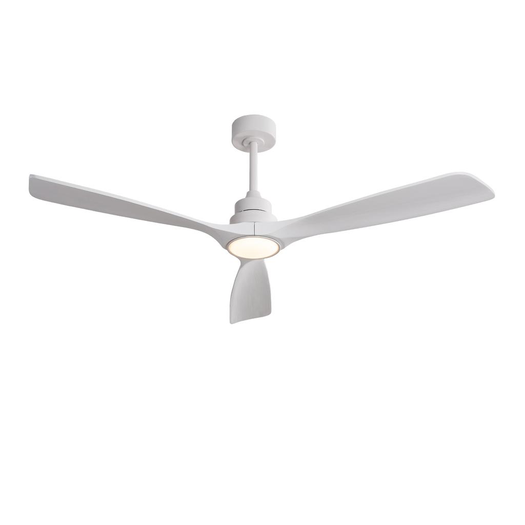 60-inch ceiling fan in white, three-blade, wood propeller blades, remote control, 3CCT, Reversible DC Motor, Six Speed Settings, and Power-Off Memory