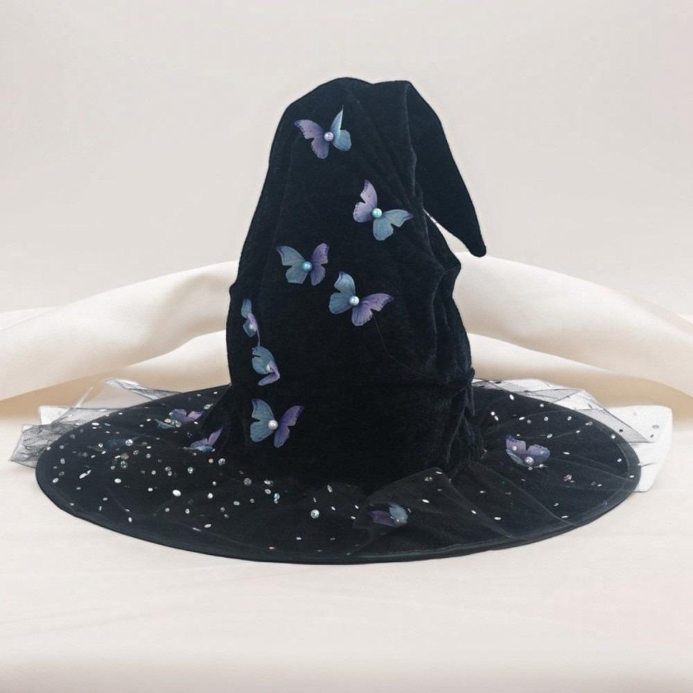 Black Halloween Witch Hat Velvet Halloween Black Cap Butterfly Wizard Cap Halloween Party