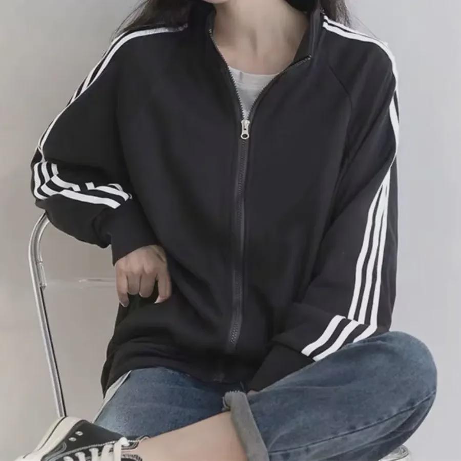 Женская куртка-бейсболка в корейском стиле весна/лето, тонкая черная, с тремя полосками - свободный крой
