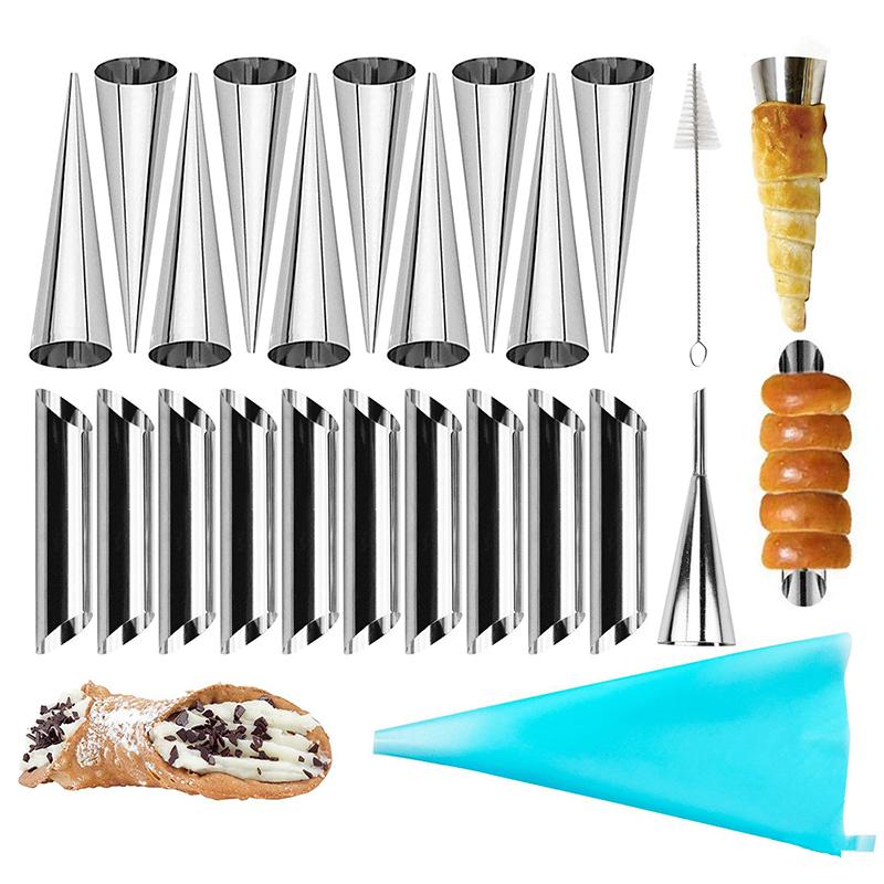 LMETJMA 33Pcs Cream Horn Mold Cannoli Forms Tubes Kit Stainless Steel Baking Cones Pastry Roll Horn Croissant Mold Sets JT163