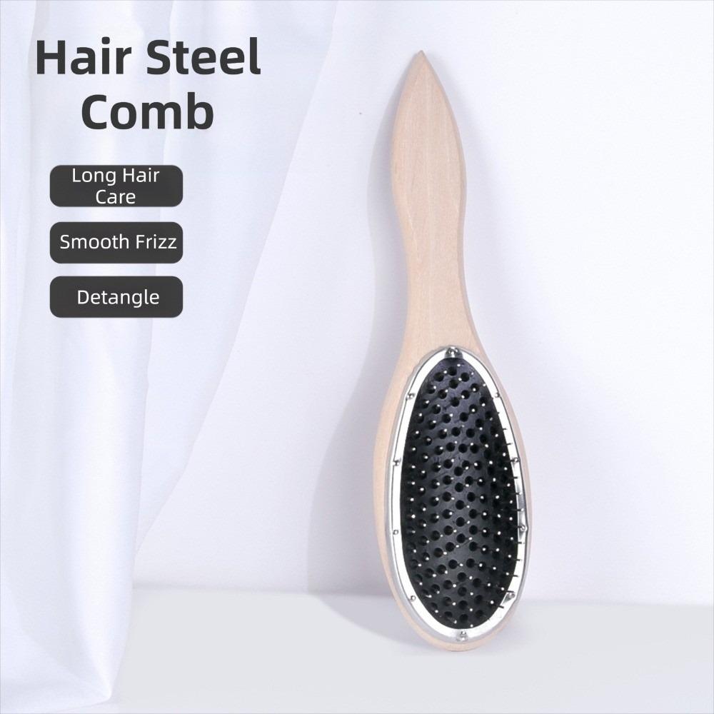 Wooden Handle Anti Static Steel Comb Hairdressing Hair Extensions Wig Brush Training
