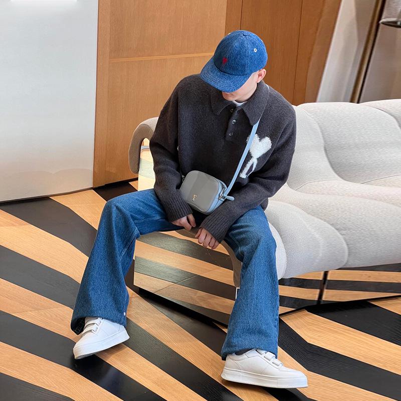 Unisex Big Heart Jacquard Knit Polo Sweater - Soft, Loose Long Sleeve