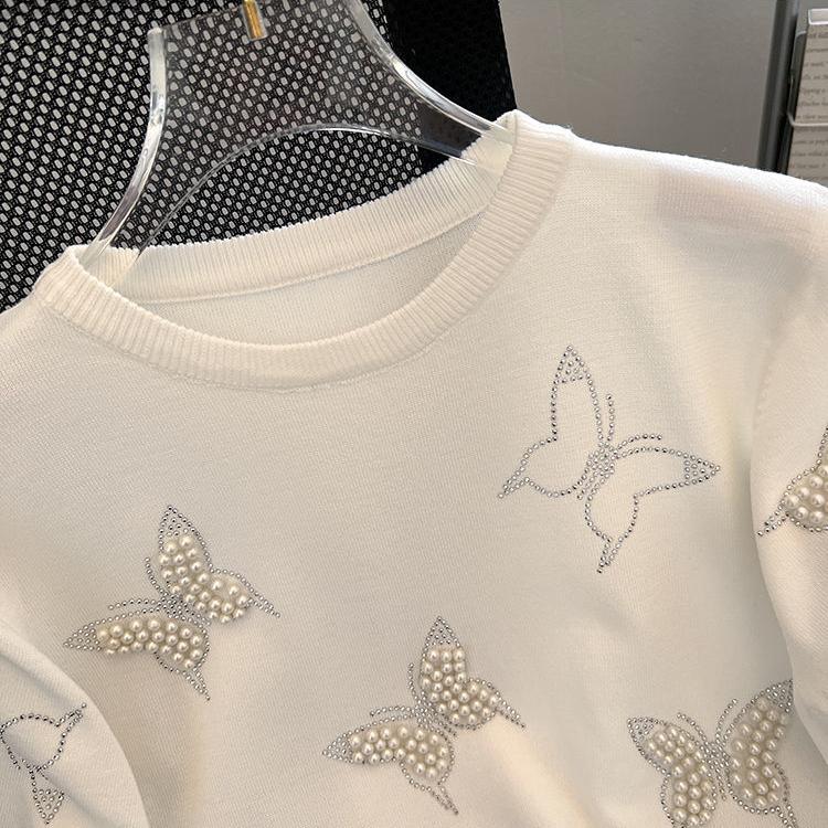 Short Sleeve Knitted T-shirts Women Summer Pullover Top Loose Chic Butterfly Nail Bead Fashion Casual Soft Women's Clothing