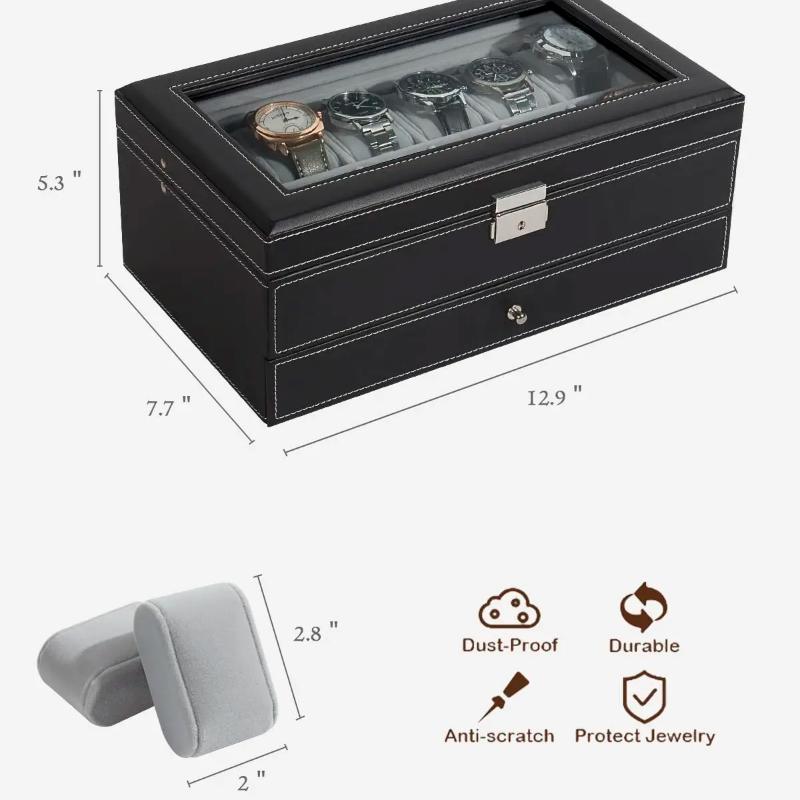 12-слотовые запирающиеся коробки для хранения часов из искусственной кожи, мужские и женские ювелирные изделия, ящик для показа, двухъярусный органайзер, витрина для часов
