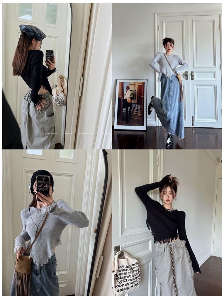 Женский топ с круглым вырезом и длинными рукавами, облегающий покрой, осенне-зимняя модель с кисточками