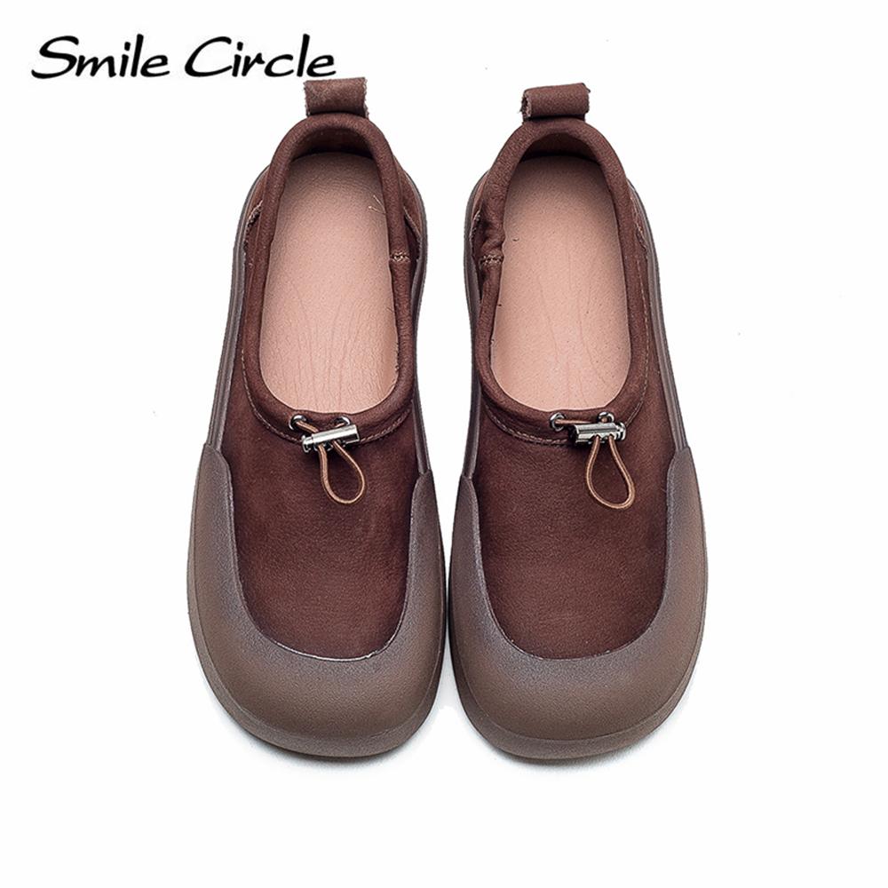 Женские туфли на плоской подошве из натуральной кожи, туфли без шнуровки с круглым носком на толстой подошве, модная удобная повседневная обувь