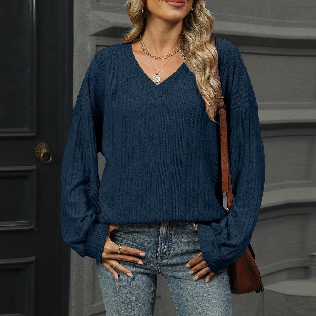 Женская модная свободная однотонная повседневная футболка с длинным рукавом и V-образным вырезом