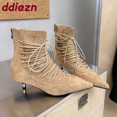 Мода Мода Острый Носок Вечеринка Женские Ботильоны Современные Ботинки Обувь На Низком Каблуке Обувь На Шнуровке Женские Короткие Ботинки Женские Туфли