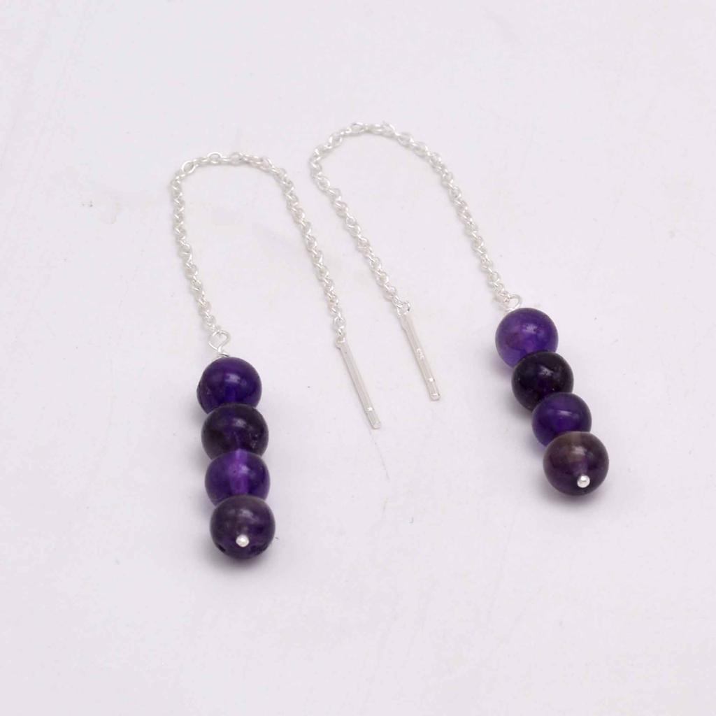 Amethyst 925 Silver Threader Earrings, Natural Gemstone Women Handmade Fringe Earrings