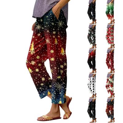 Женские модные повседневные брюки с прямыми карманами и эластичной талией с рождественским принтом