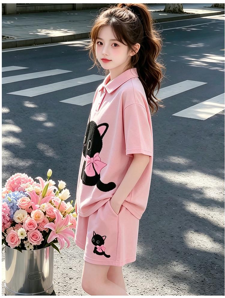 Girls' summer outfit set, new trendy and thin style, girls' polo shirt short-sleeved sports two-piece set